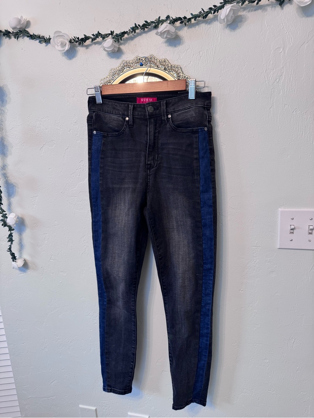 GUESS Black Skinny Jeans with Dark Blue Side Stripes